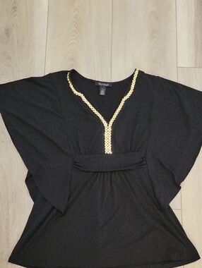 White House Black Market Black Tunic with Gold Trim V-Neck